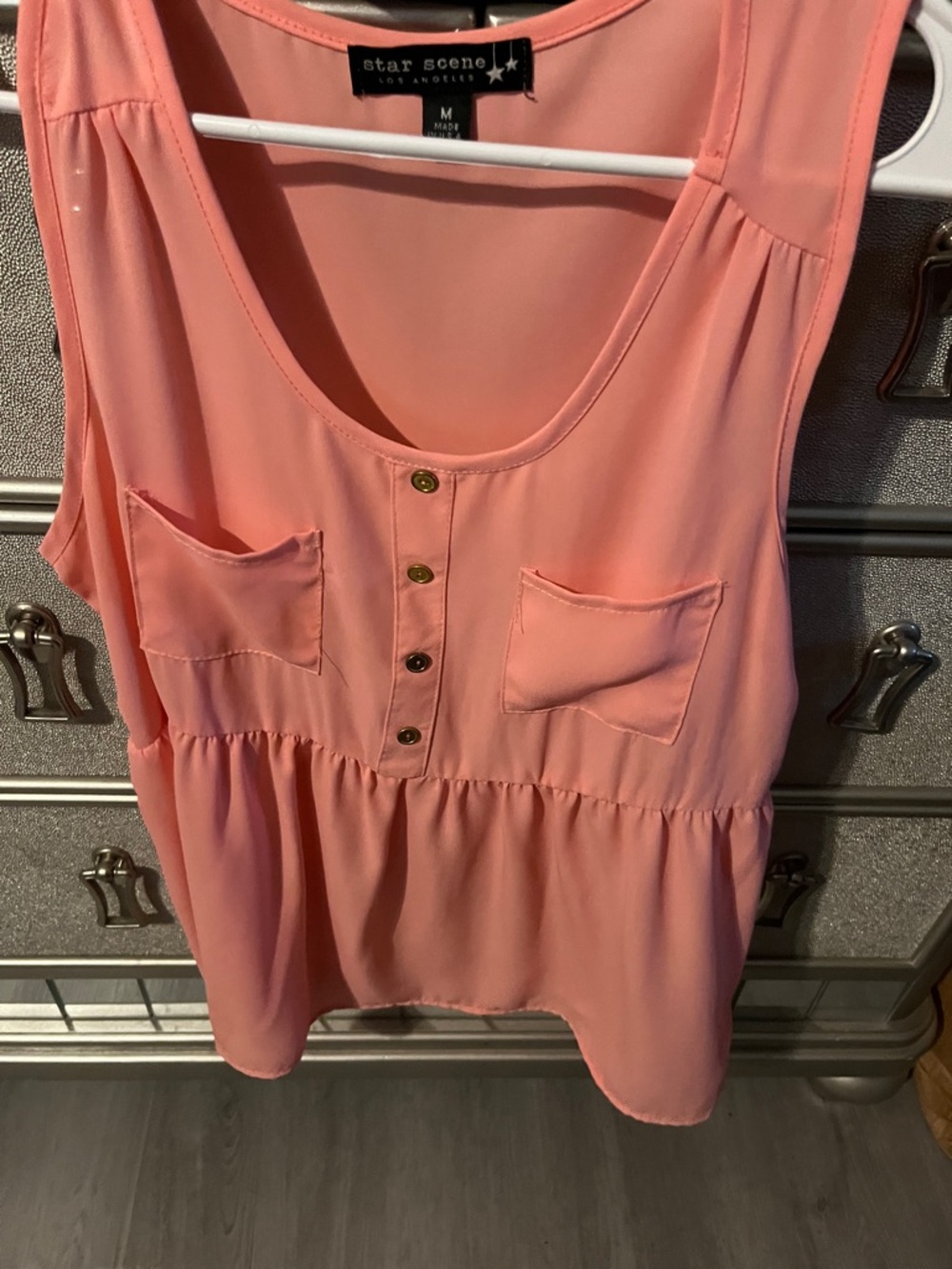 Star Scene Coral Pink Sleeveless Button-Front Peplum Tank